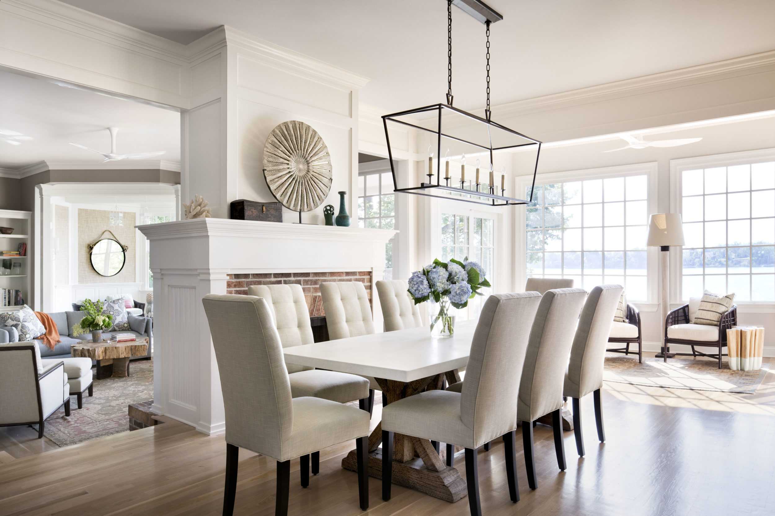 neutral contemporary dining room with fireplace