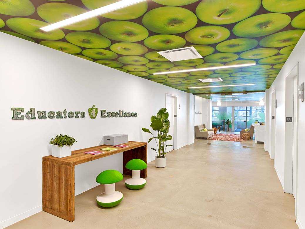 Green cheeky apple themed interior design for teacher's office