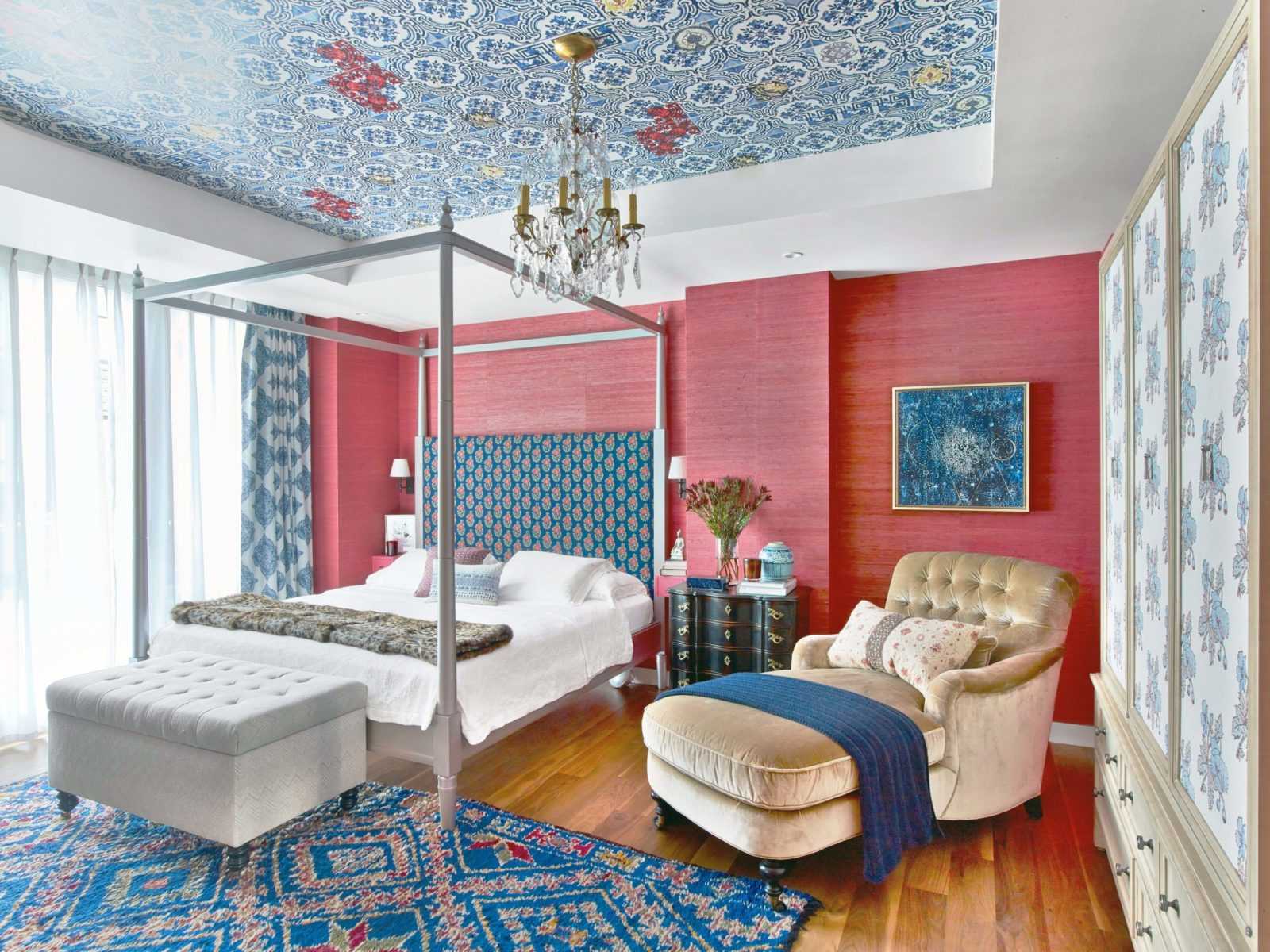 non traditional blue and red glamorous bedroom