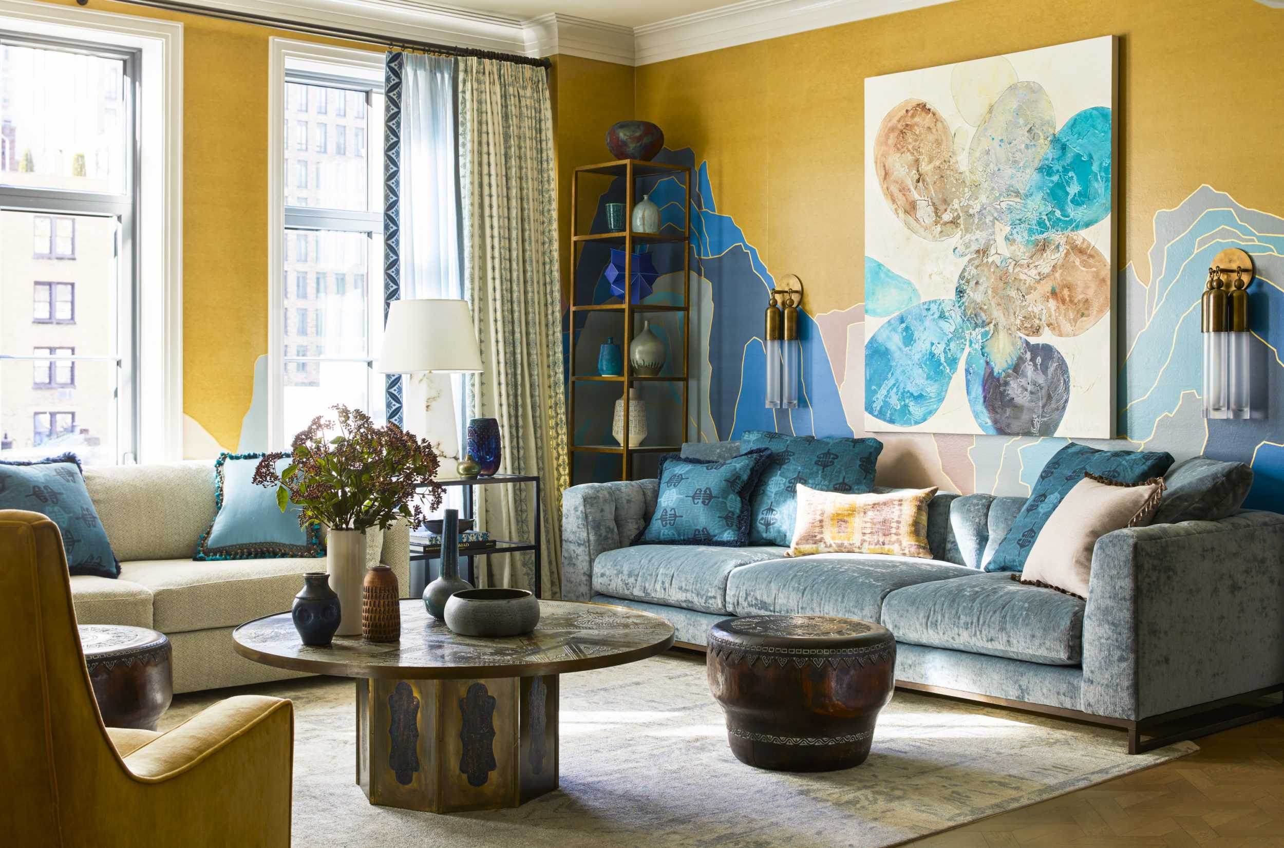 bright yellow and blue contemporary living room