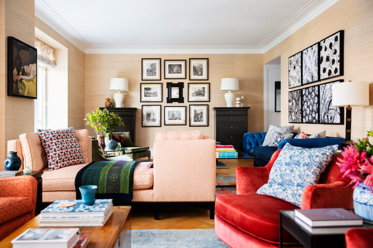 colorful throws and pillows in gallery seating