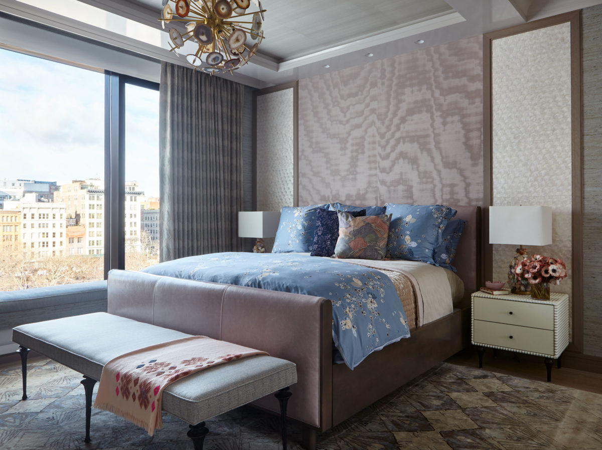 contemporary mauve and blue bedroom with edgy and floral interior design styles